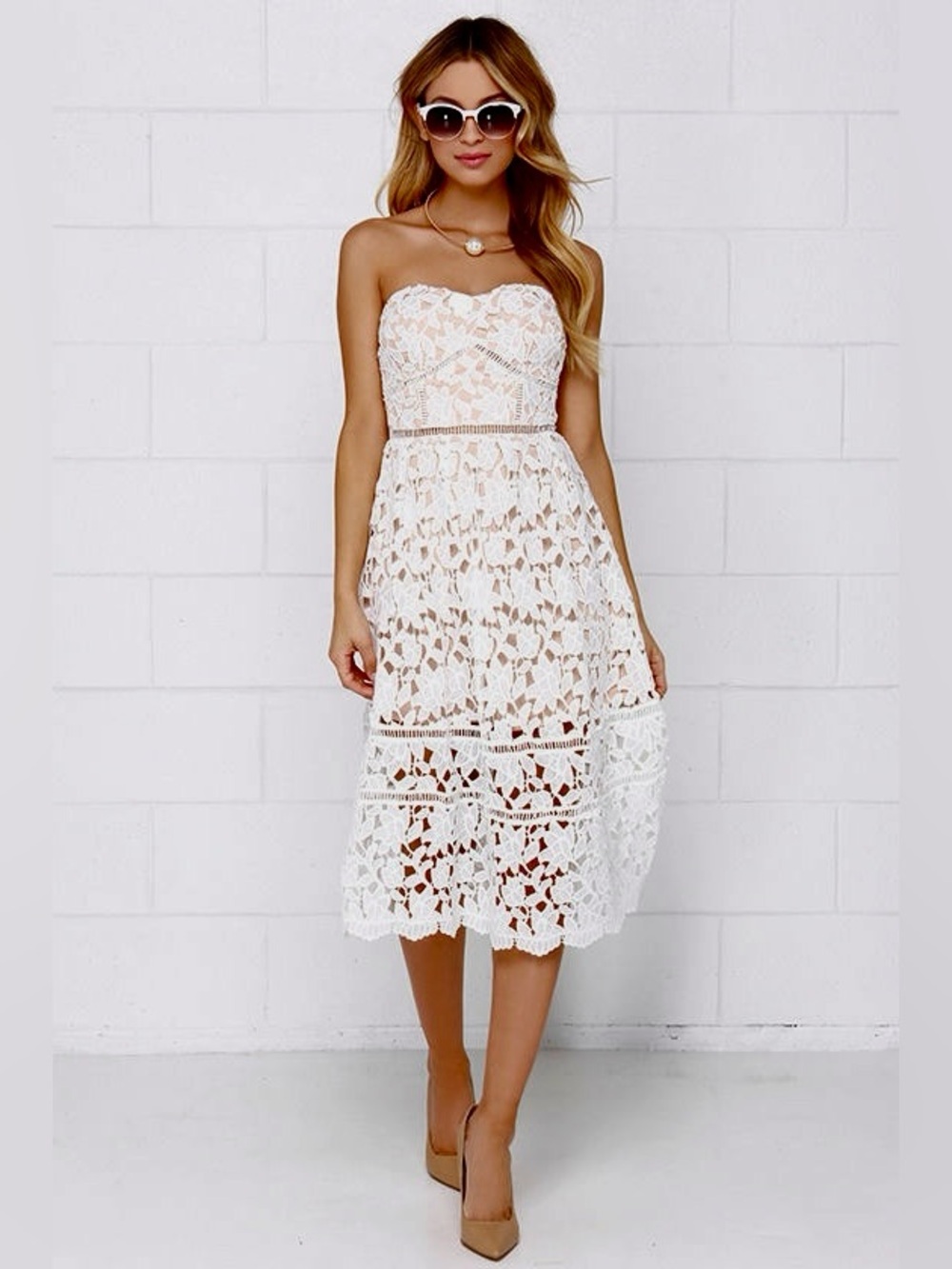 Chelsea lace overlay strapless midi dress white bridal, grad, engagement, shower